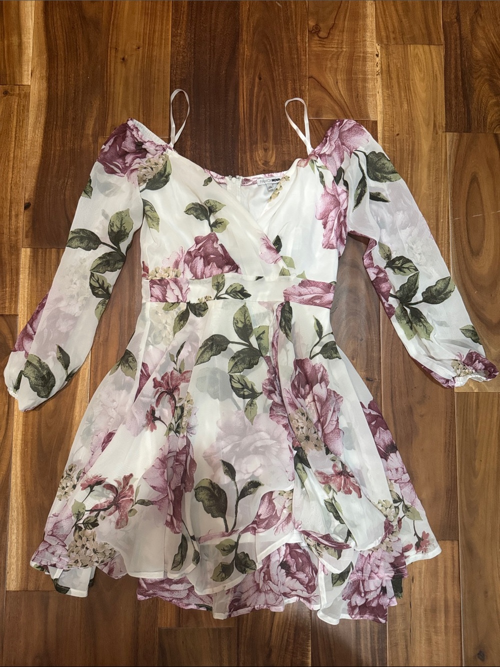 Fashion Nova White Floral Wrap Mini Dress with Mauve Accents